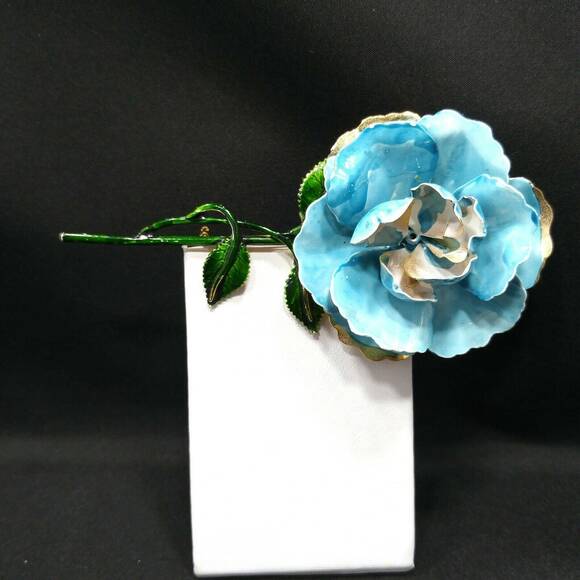 Vintage Enamel Large Flower Brooch, Turquoise Blue Green Gold, 1960s,  5" - Picture 7 of 10